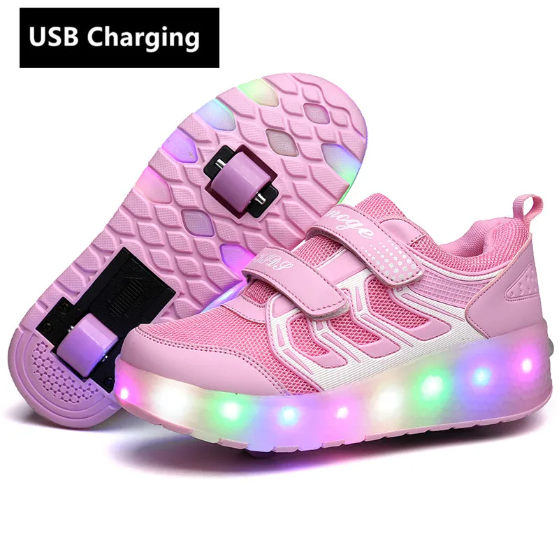 Pink WS01 Новинка; модная обувь для девочек и мальчиков с зарядкой через usb; Светодиодный светильник; обувь для катания на роликах для детей; Детские кроссовки с колесами; два колеса - Цвет: Pink WS01