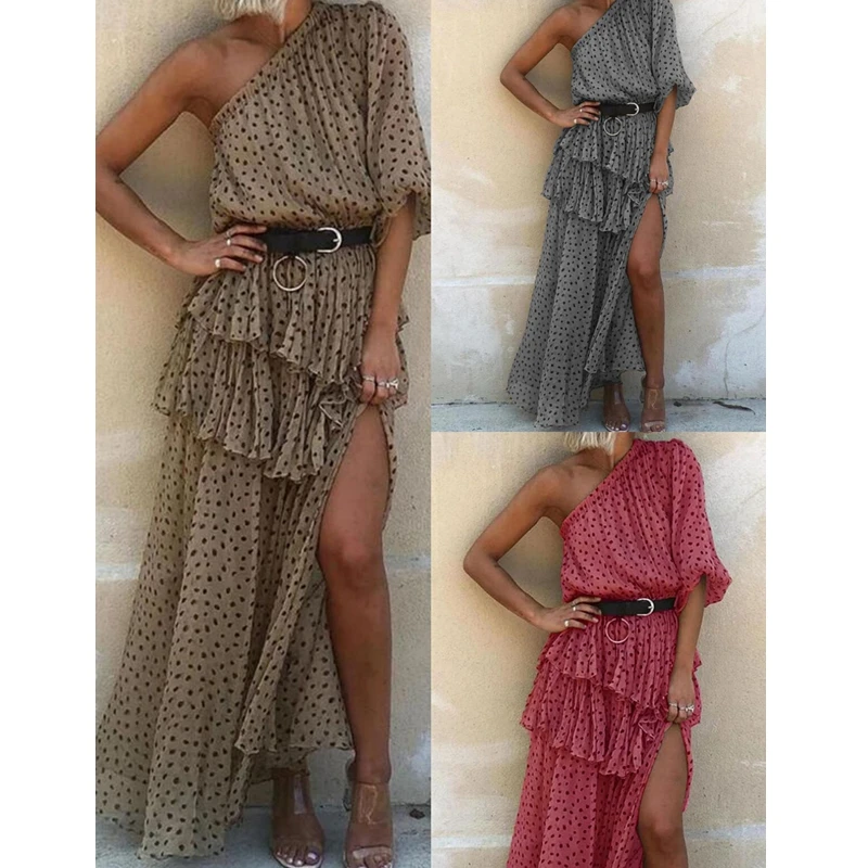 

WEPBEL Dress Women's Dotted Prints Stitching Ruffle Dress Summer Slash Neck Ruffled Half Sleeve Irregular Chiffon Dress