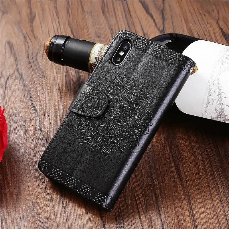 Ретро Флип кожаный бумажник чехол для телефона для iPhone XR XS Max X XS цветочный узор чехол для iPhone 8 7 6 6S Plus Мандала хна Капа