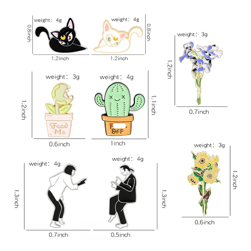 Шпильки с эмалевым покрытием Chomper Rafflesia Cactus Sunflowers Iris в черно-белом исполнении с изображением луны, кота из фильма Pulp Fiction - броши-значки на прищепке в подарок.