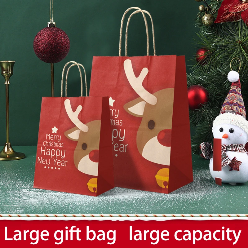 

10 шт. рождественских бумажных пакетов с оленем, пакет из крафт-бумаги с яблоком, пакет для подарка на Рождество, с сувенирным подарочным мешк...