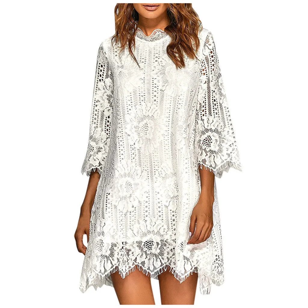 Осеннее женское платье с рукавом три четверти и круглым вырезом однотонное