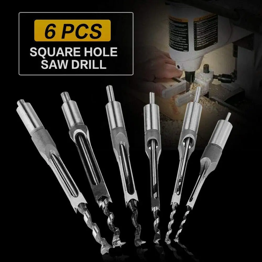 

6PCS HSS Twist Drill Bits Square Auger Mortising Chisel Drill Set Square Hole Woodworking Drill Tools Kit Set Extended SawTP-021