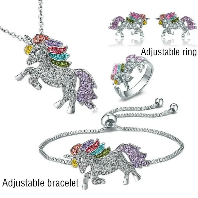 

Unique Beautiful Silver Color Rainbow Horse Shape Jewelry Set Cute Gift With Zircon Inlay Specially Designed for Women