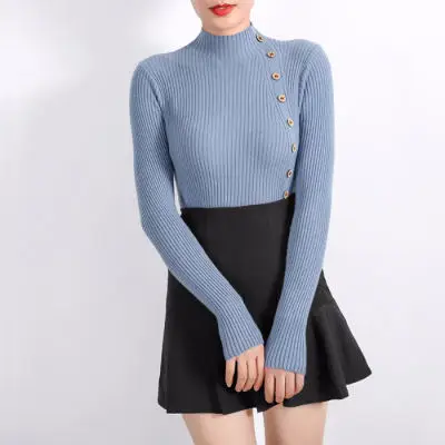 Autumn O-neck Sexy Slim Sweater Botton Desgin Knitted Pullover Women Casual Vintage Sweater Colthing Female Knit Tops - Цвет: blue