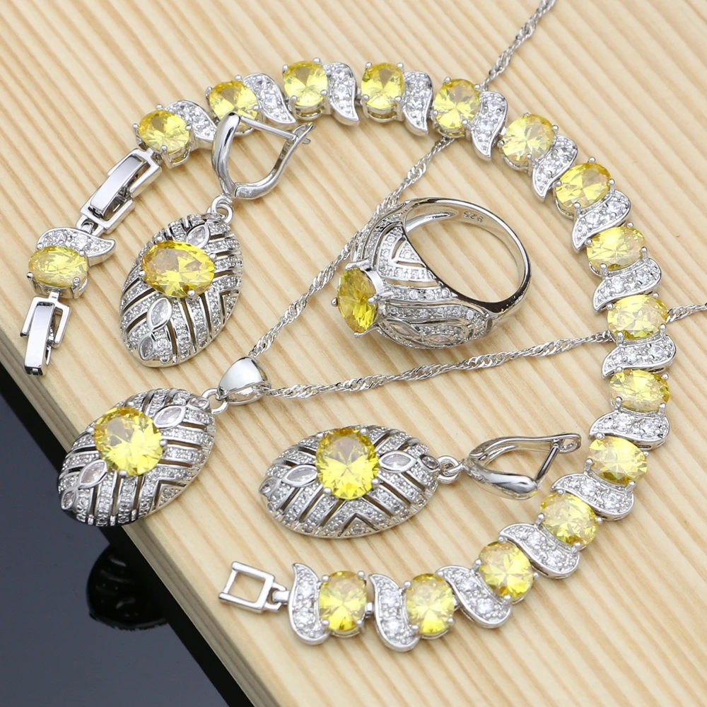 

Набор ювелирных изделий из серебра 925 пробы с желтым цирконием и белым кристаллом для женщин, свадебные серьги/кулон/кольца/браслет/ожерелье, Дубай
