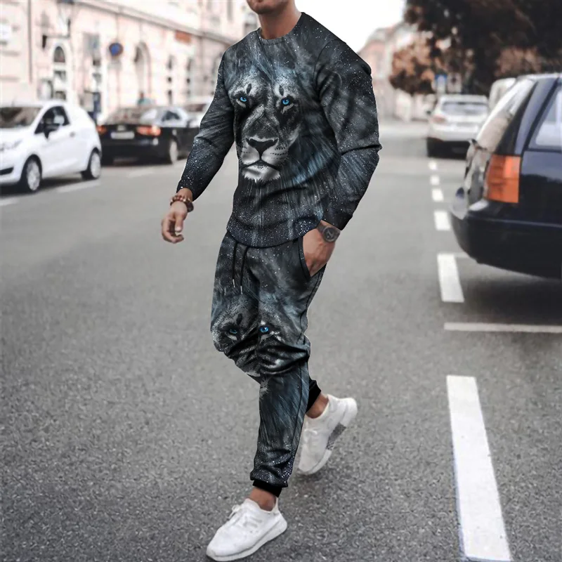 

Summer Fashion Casual 3D Animal Print men's Suit Sportswear Casual Wear men's Sports Shirt long-sleeved Trousers 2-piece Set