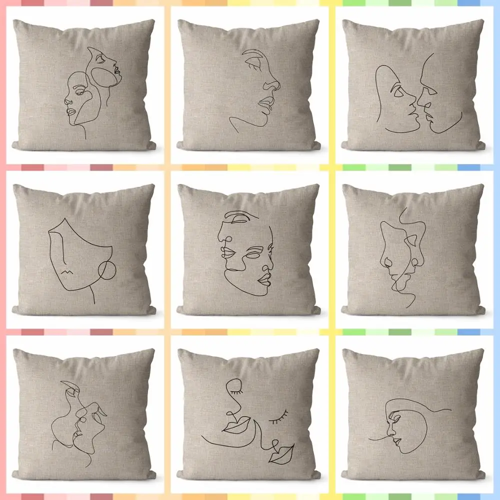 

Linen Throw Pillow Cases Abstract Stick Figure Human Face Home Decoration Cushion Covers Farmhouse Sofa Decorative 40*40 45*45