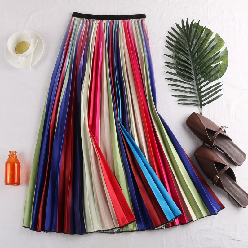 

Spring Satin Gradient Colorful Striped A-line Calf Long Pleated Skirts