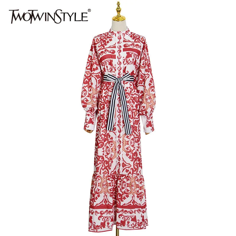 

Женское платье с принтом twotwin2, Повседневное платье с воротником-стойкой и длинными рукавами-фонариками, разноцветное платье на шнуровке, 2021...