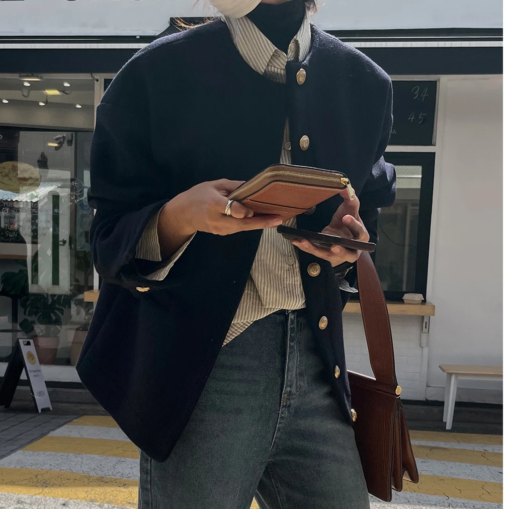 

SuperAen 2021 осенне-зимнее однотонное однобортное повседневное пальто с круглым вырезом Женская повседневная черная куртка