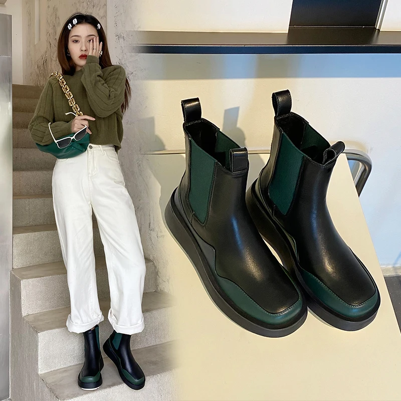 

Women ankle boots natural leather shoes 22-25cm Cowhide uppe Classic Square head stitching Chelsea boots short boots for women
