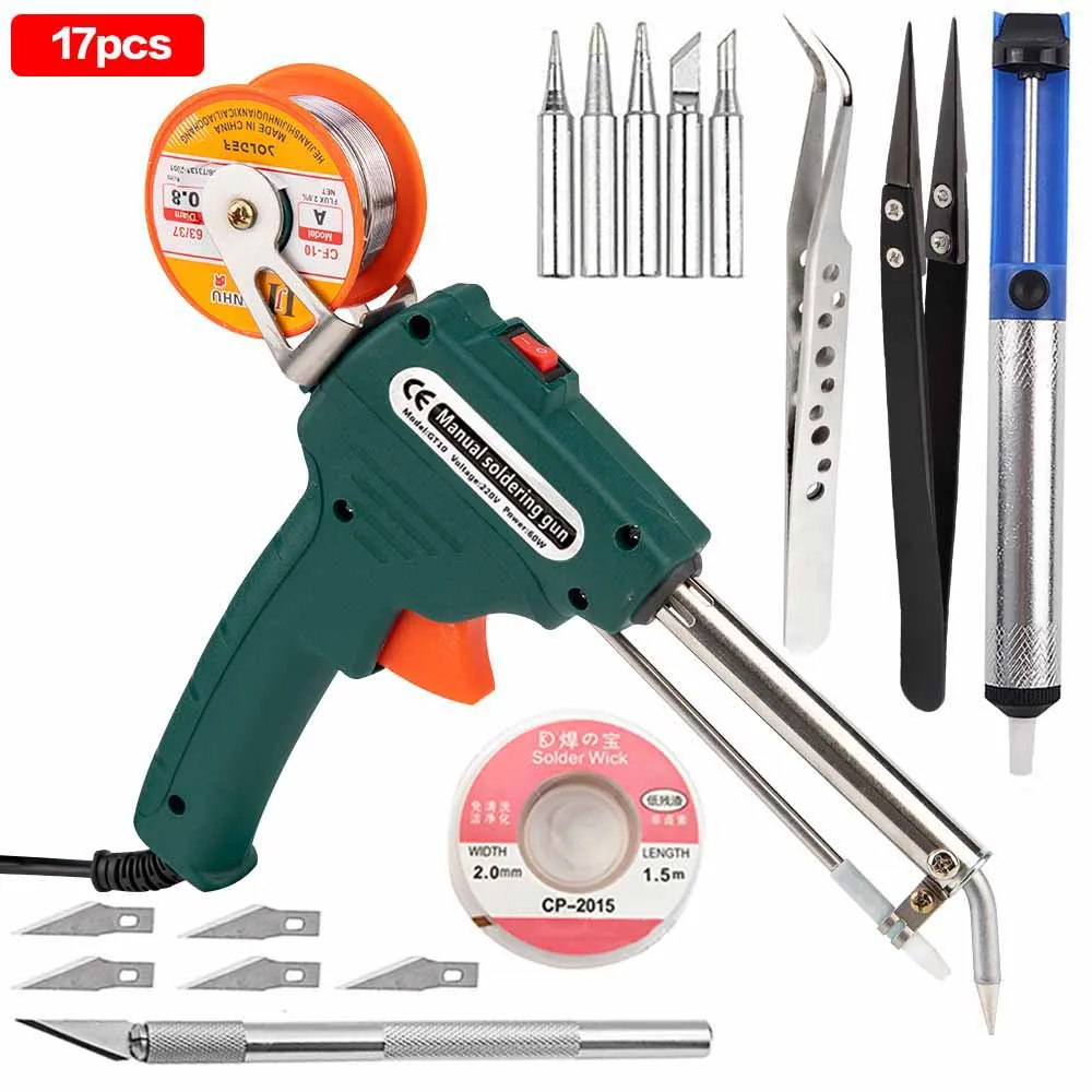 17pcs 60W 110V/220V Tin Electric Soldering Iron Kit Automatic Send Tin Gun Electric Solder Station Tip Sucker Wire Welding Tools - Цвет: 17pcs