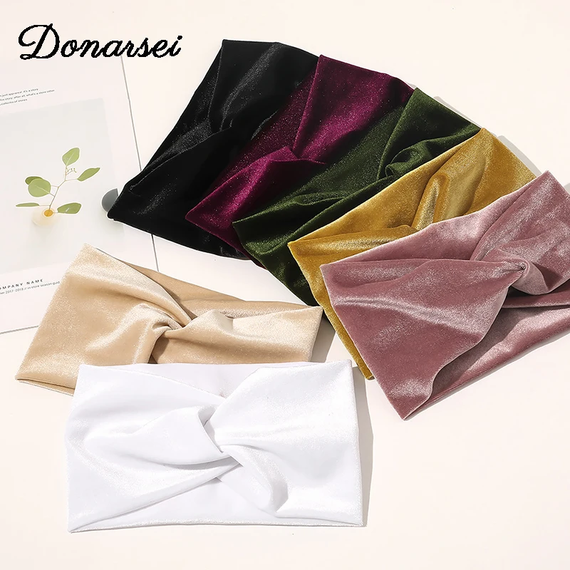 

Donarsei Vintage Velvet Cross Headband For Women Fashion Solid Color Elastic Yoga Turban Bandage Bandanas HairBands
