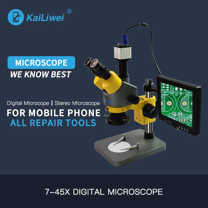 

KSL Mobile Big Base PCB Repairing Inspection Trinocular 7x~45x Zoom Stereo Microscope