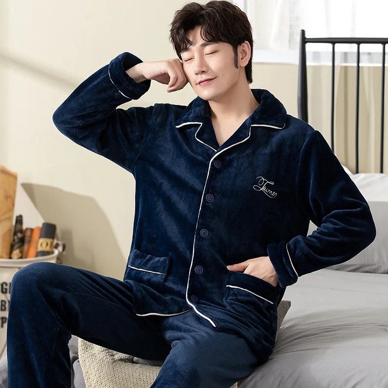 Warm Pajamas Men Winter Thick Homewear Pyjama Homme Hiver Coral Fleece Padded Lapel Large Size Simple Pajamas Suit Sonno Tops