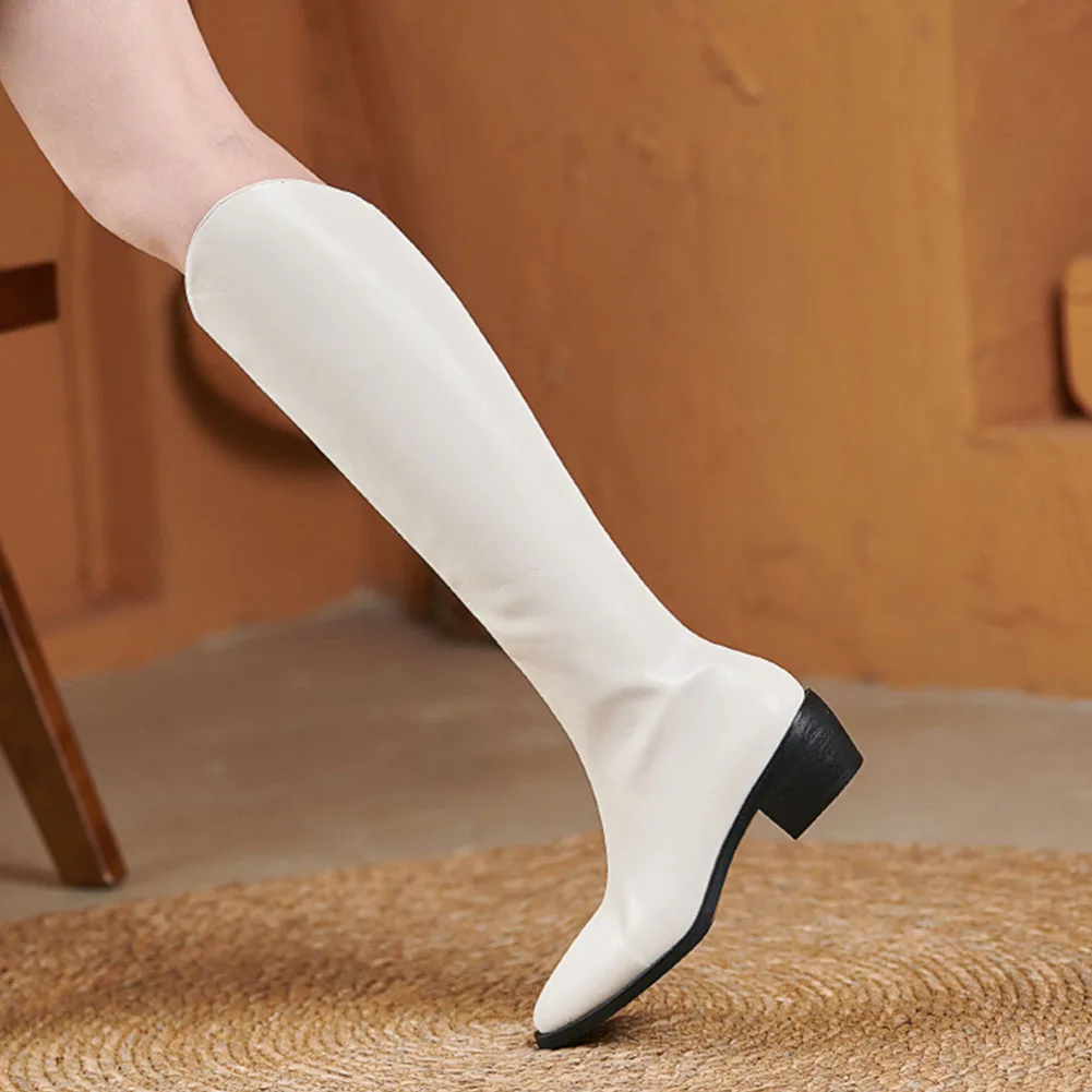 

Chaussure Femme Luxe Marque Square Heel Pointed Toe Zip Med Heel Knee-High Boots Zipper Winter Hot Sale Comfy Female Boots