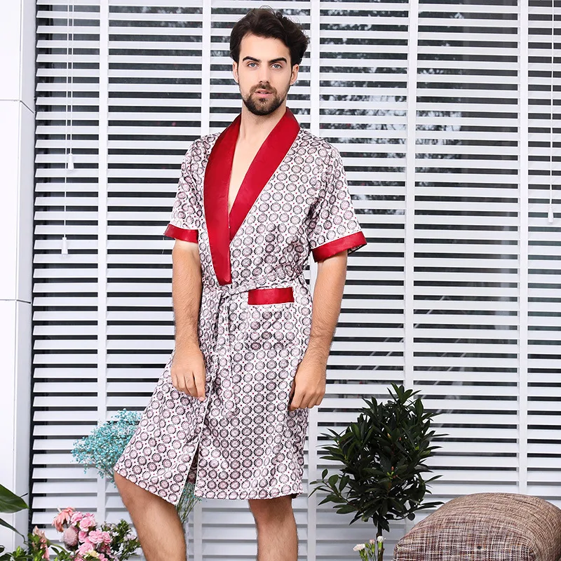 Bathro Robe for Men Robe Short Sleeve Sleepwear Imitate Silk Robe for Men Mens Kimono Robe Sets Long Silky Gown House Sleep Tops