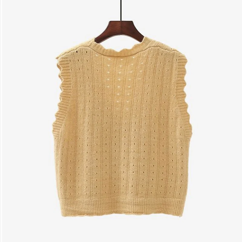 

One Size Women's Sweater Wavy Edge Cardigan Losse V-Neck Sweaters Pullover Button Jumpers Knitted Sleeveless Sweater Casual Vest