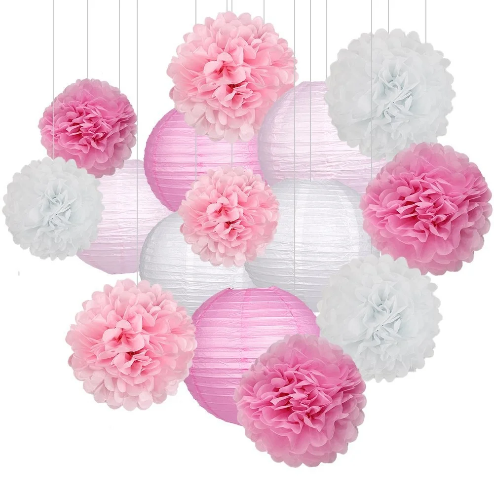

15pcs/set 8-10inch Light Pink White Round Chinese Paper Lanterns Tissue Paper Flower Balls for Birthday Party Wedding Decoration