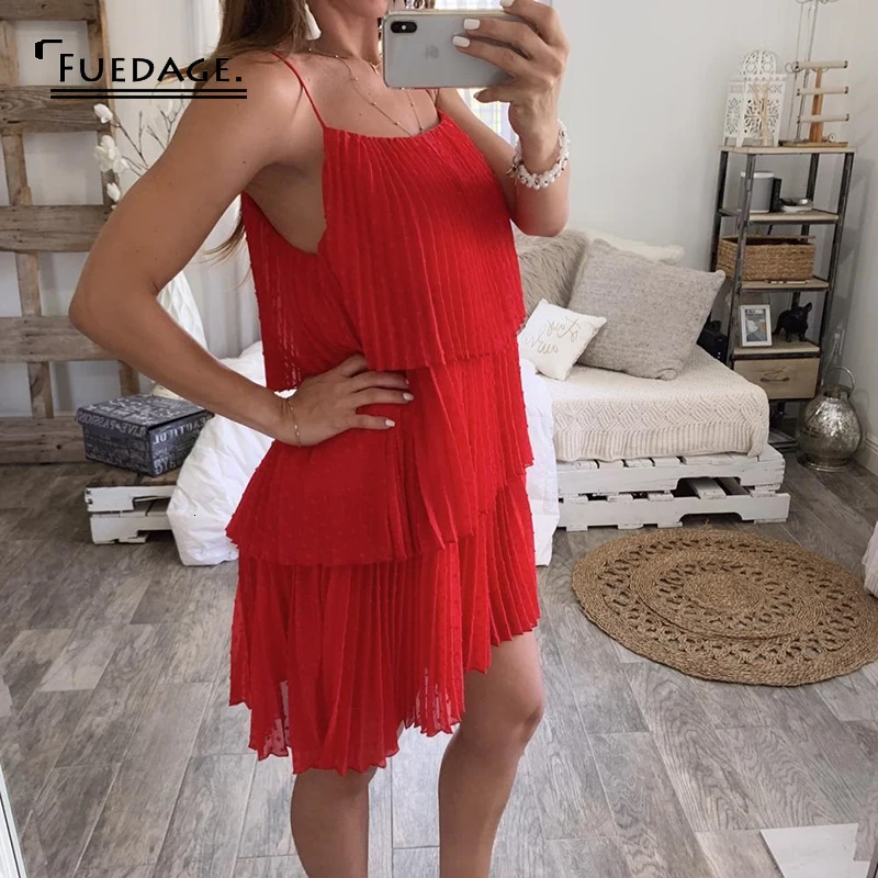 Женское мини платье на бретельках Fuedage красное шифоновое с рюшами и открытой