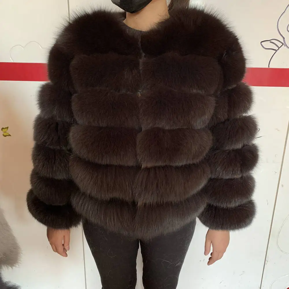Dark brown Новинка 55 см женское теплое пальто из натурального Лисьего меха короткая тонкая зимняя куртка из натурального меха модная верхняя одежда роскошное пальто из натурального Лисьего меха для - Цвет: Dark brown