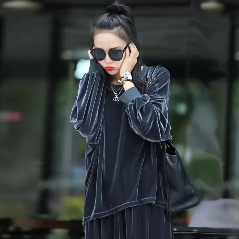 

Piece Set Women 2021 Two Autumn New Lady Plus Size Loose Street Velvet Cardigan Jacket Casual Suit Solid Coat +Pant Suits Female