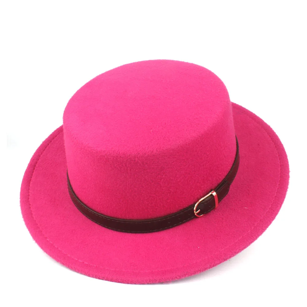 Rose Red Мужская и Женская шерстяная фетровая шляпа на плоской подошве, джазовая шляпа для джентльмена, Повседневная дикая Очаровательная шляпа для элегантной леди, шляпка для церкви, размер 56-58 см - Цвет: Rose Red