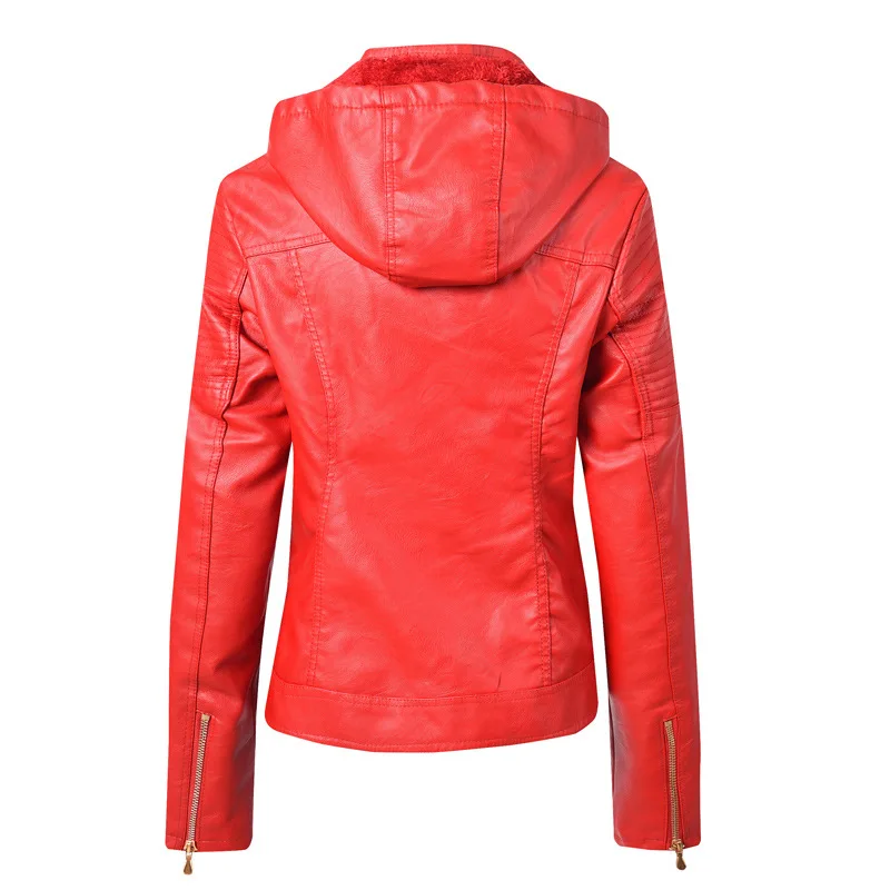 Осень г. Тонкий пояс мотоциклетная куртка Chaqueta Mujer со съемным капюшоном из искусственной кожи женские зимние теплые флокированные верхняя одежда WWP224