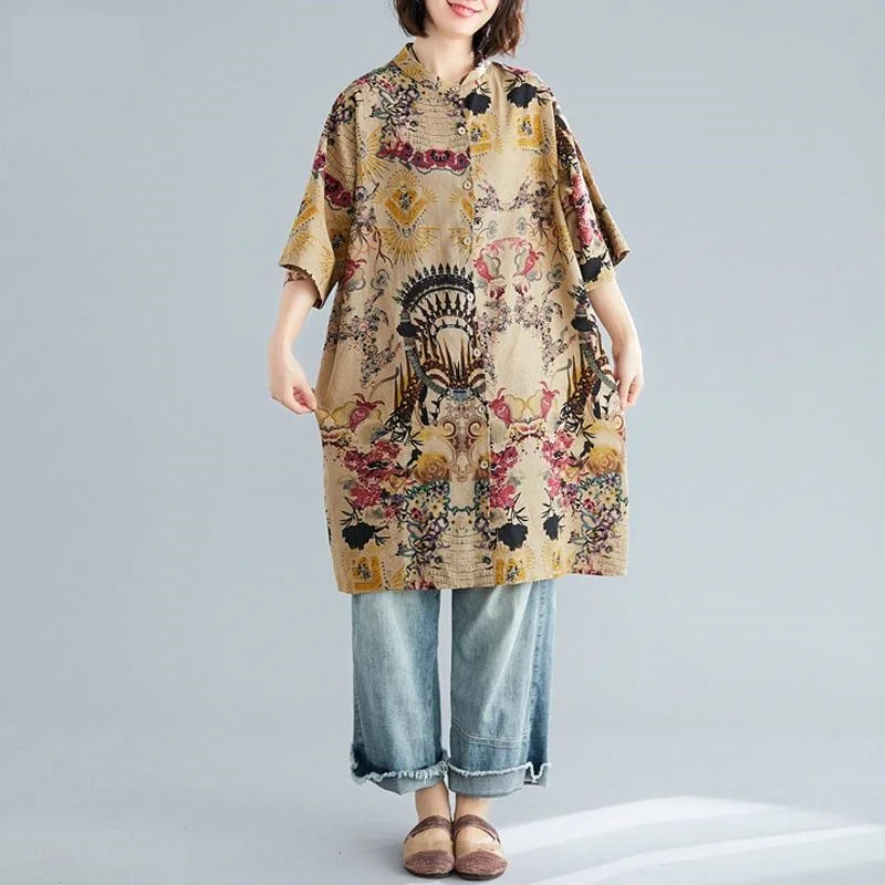 Plus Size Cotton Linen Long Blouse Shirt Dress Women Summer Spring New Vintage Print Female Shirts Kimono Cardigan 6XL 7XL | Женская