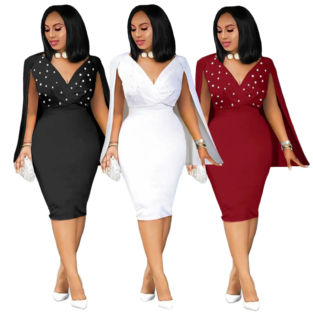 

Women's dress fashion sexy solid color bubble beads beaded V-neck cloak dress nightclub
