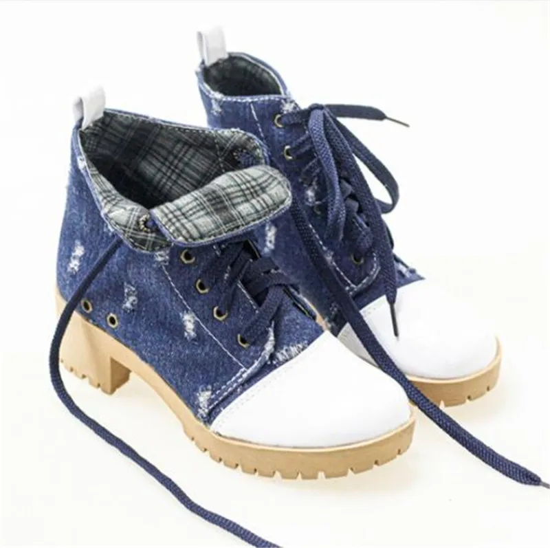 Женские джинсовые ботинки в стиле ретро PXELENA готические на шнуровке и высоком