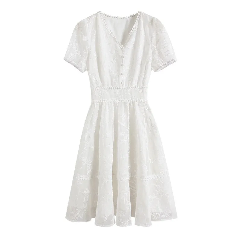 

Summer Vintage Boho Short Sleeve White Beach Dress A Line Midi Dresses Casual Women Sweet Ladies V Neck Floral Embroidery Dress