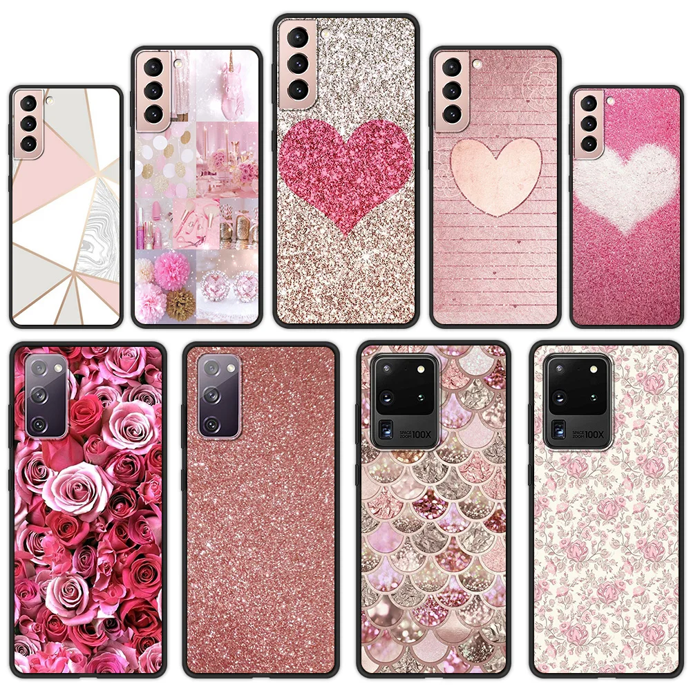 

Gold Pink Rose Glitter Hearts Phone Case For Samsung Galaxy S21 Ultra S20 FE S10 S9 Plus S10E S8 Note 20 10 Lite Black Cover