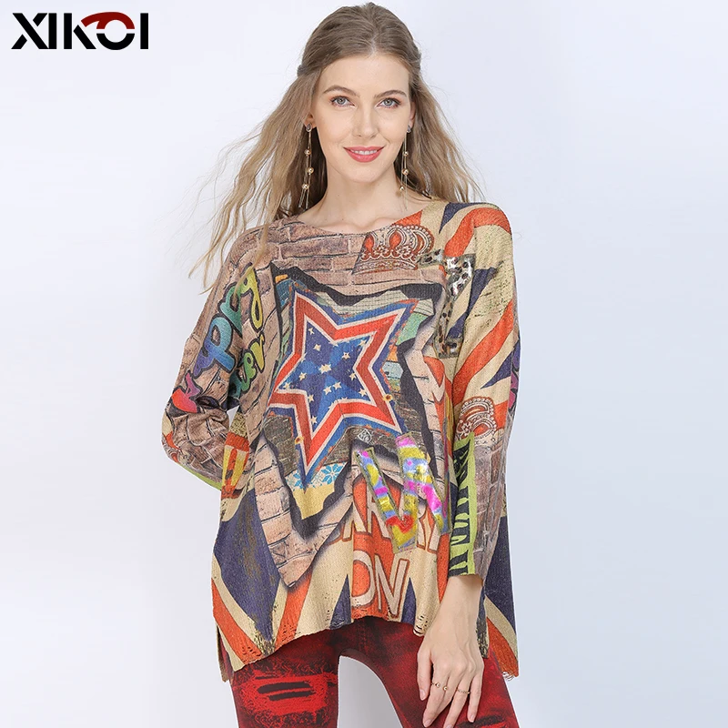 

XIKOI Casual Long Oversize Women Sweater Batwing Sleeve Stars Letter Print Women's Sweaters Clothes Pullovers Fashion Clothing