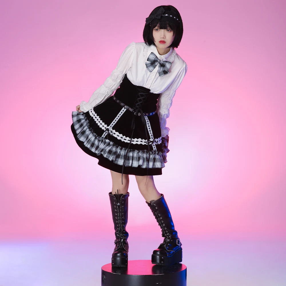 

Autumn Spring Lolita flocking Mini Skirt Black White Plaid Bow Tie Lace Up Punk Cute Kawaii Skirt Hot Girls Short Cake Skirts