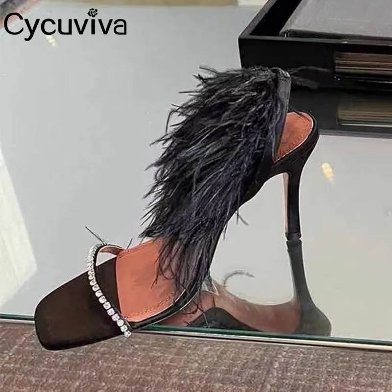 

2021 Black Fur Mules High Heel Gladiator Sandals Women Summer Slides Crystal Brand Shoes Women Slingback Feather Sandalias Mujer