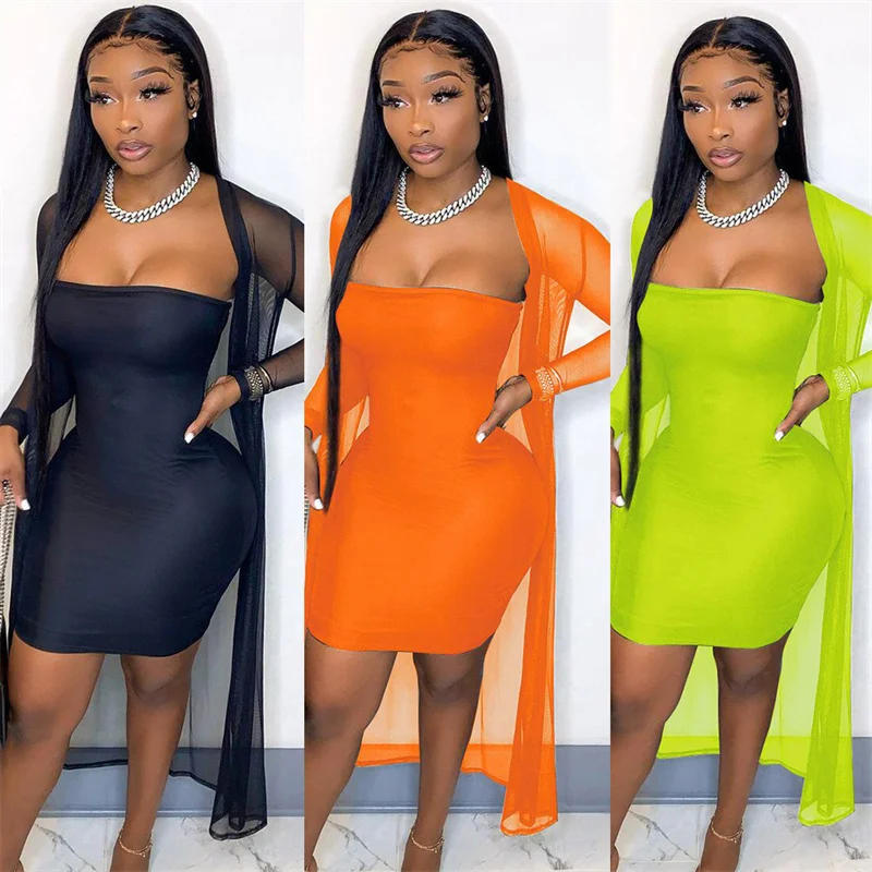 

Cutubly Solid Two Piece Set Fashion Long Sleeve Sexy Women Set Long Top And Mini Dress Set Casual Strapless Party Club Wear