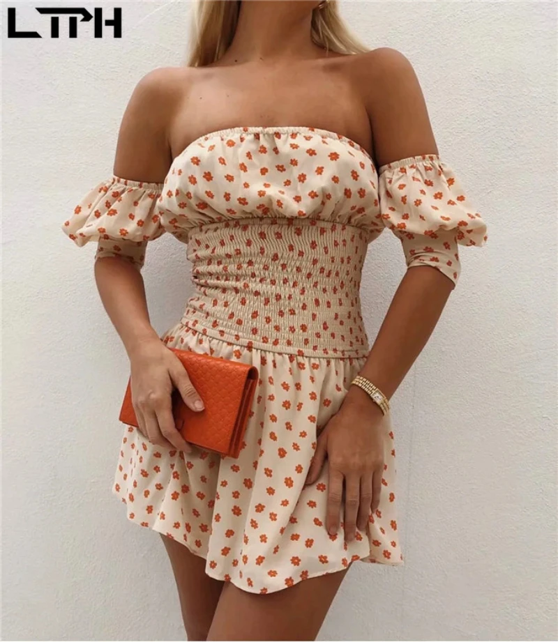 

LTPH resort style floral dress women sexy one word collar high waist Shirring vintage puff sleeve dresses 2021 summer new