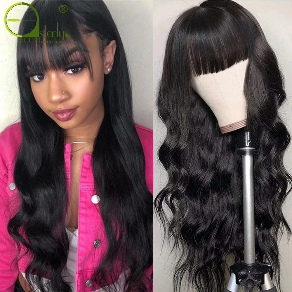 Sterly Human Hair Wigs With Bangs Body Wave Bang Natural Color Remy Long Wig | Шиньоны и парики