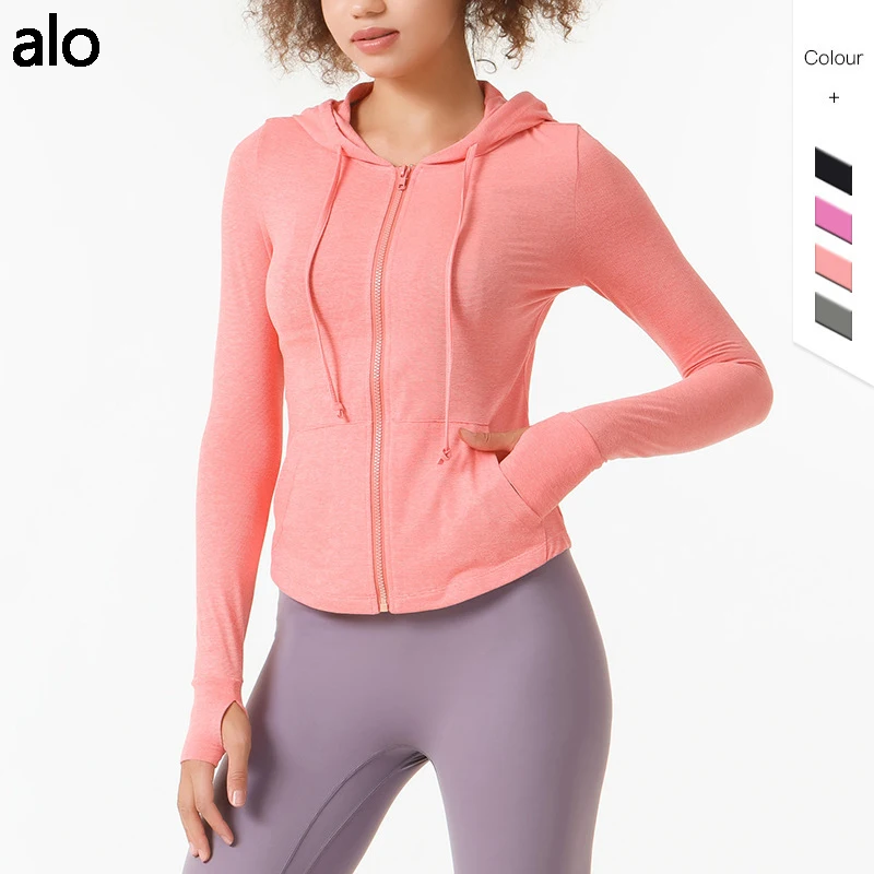 

Облегающая эластичная быстросохнущая Спортивная Одежда Alo для йоги с длинным рукавом и молнией, женский топ для тренировок в тренажерном за...