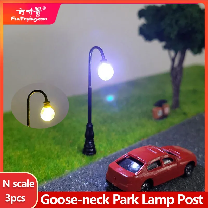 

3PCS N Scale Model Railway Lamppost LED Park Lanterns Street Lamp/Model Classic goose-neck Park Lamp Post/Train/Railroad layout