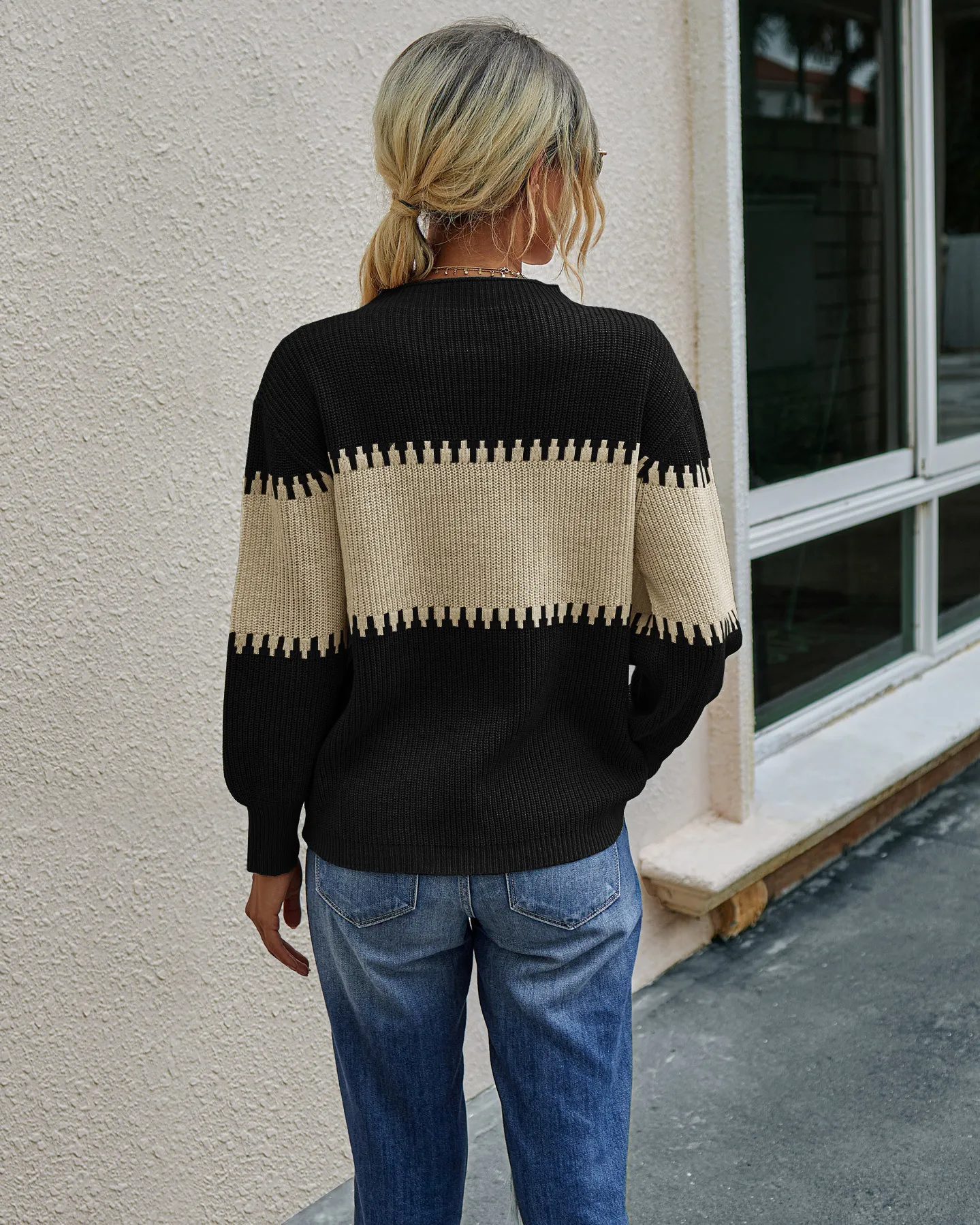 

Streetwear Contrast Long Sleeve Knitted Comfortable Women's Sweater Autumn Winter High Collar Pullover Sweater Loose Casual Tops