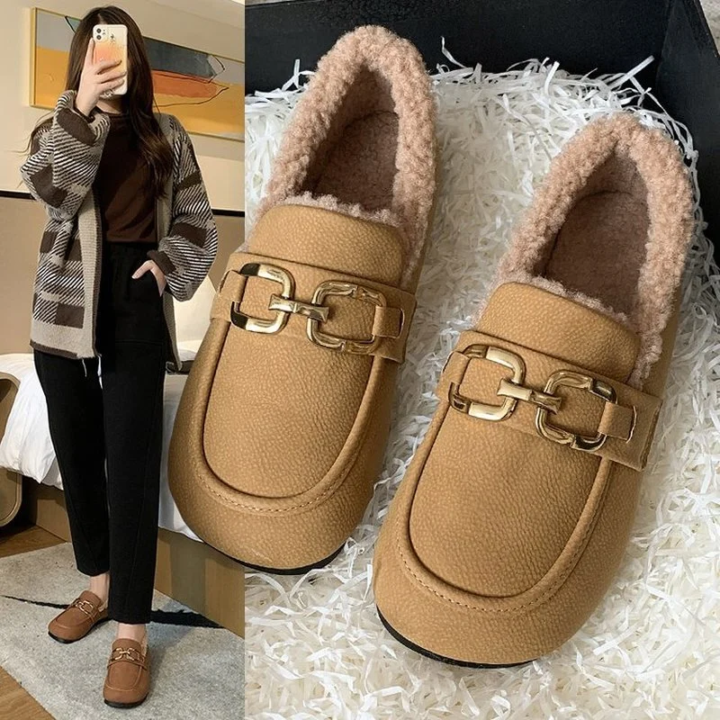 

Japanese-style simple flat shoes women's shoes plus velvet thick winter flat non-slip warm loafers metal decorative women's shoe
