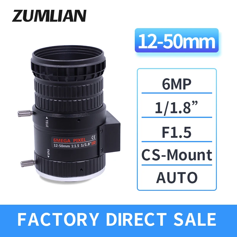

ZUMLIAN 6MP HD CS-Mount 12-50mm Zoom DC Auto Iris IR Lens 1/1.8 Inch F1.5 Aperture Manual Focus Camera BOX ITS Varifocal CCTV