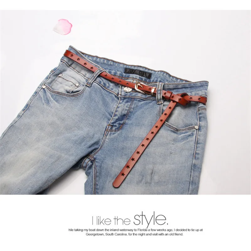

New Waistband Split Leather Belt Female Star Hollow All-Match Sweater Skirt Pants Decorative Pure Cowhide Knot Small Band