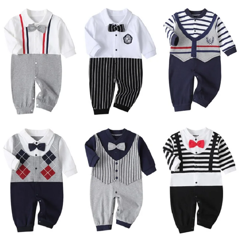 

Newborn baby clothing baby boy jumpsuit 2021 spring fashion bow tie navy collar little gentleman jumpsuit baby girl jumpsuit