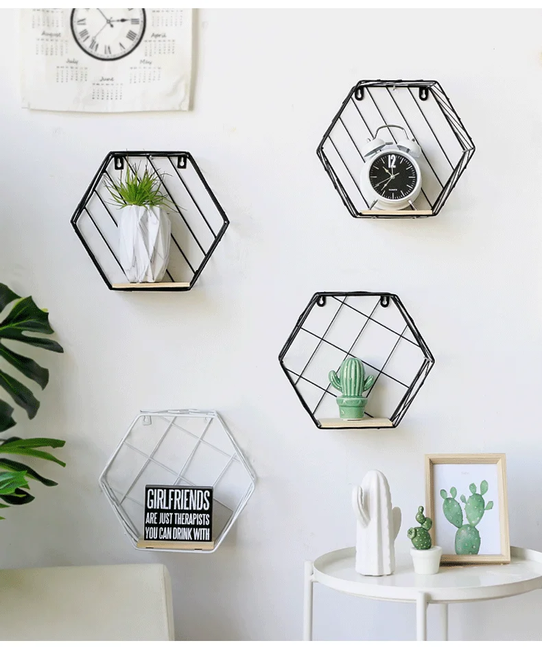 Железная шестиугольная решетка полка для хранения на стене в скандинавском