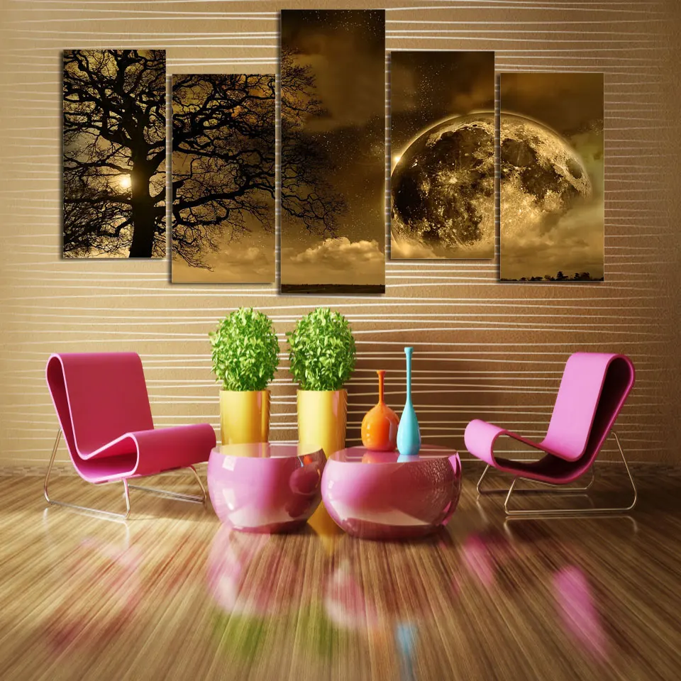 

5 Pieces Moon Night Tree Pictures Canvas Wall Art Scenery Poster Canvas Painting For Living Room Home Decoration