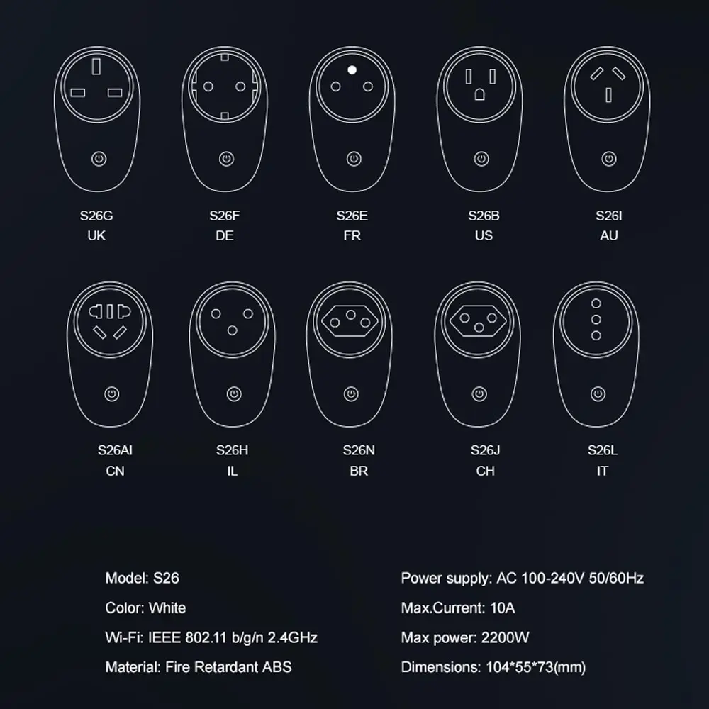 SONOFF S26 WiFi розетка US/UK/CN/AU/EU/IL/CH/IT/BR Smart Sockets приложение для беспроводного